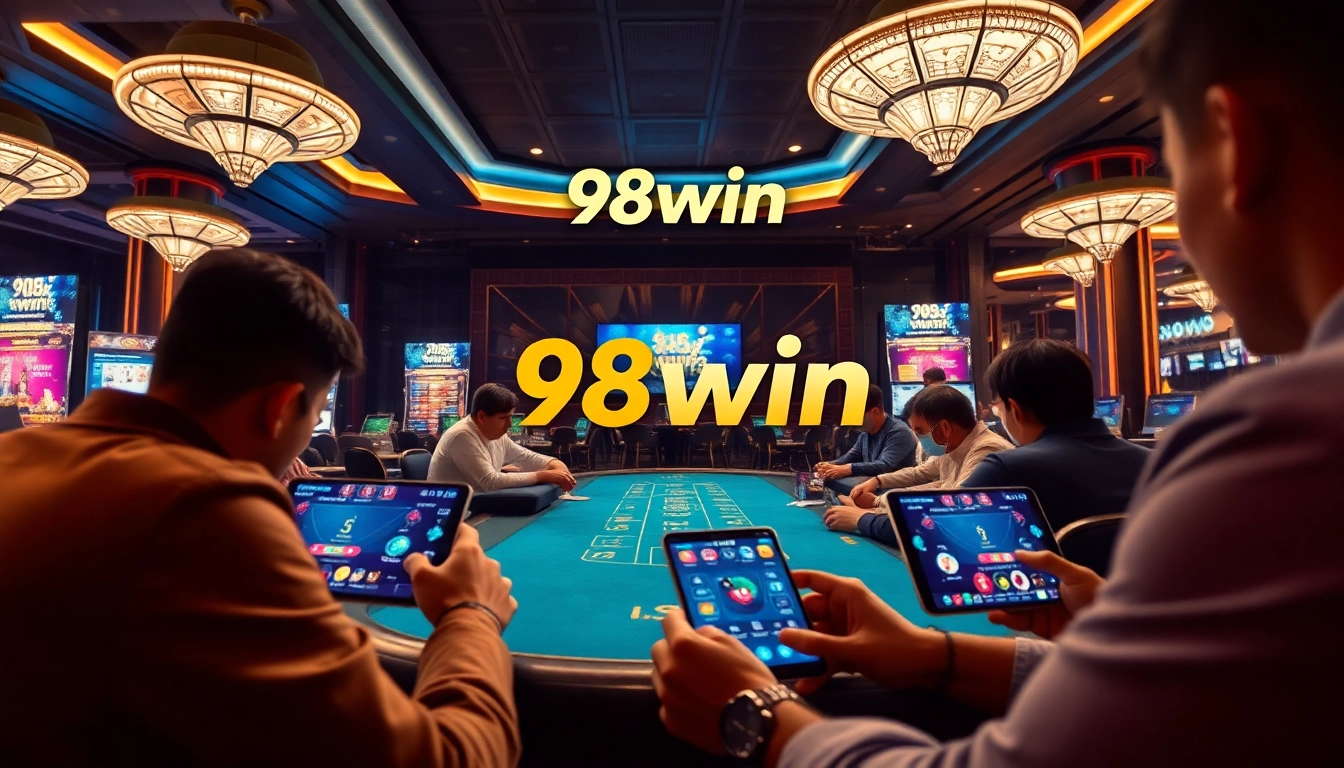 Exciting online casino scene featuring players enjoying 98win games like poker and blackjack.