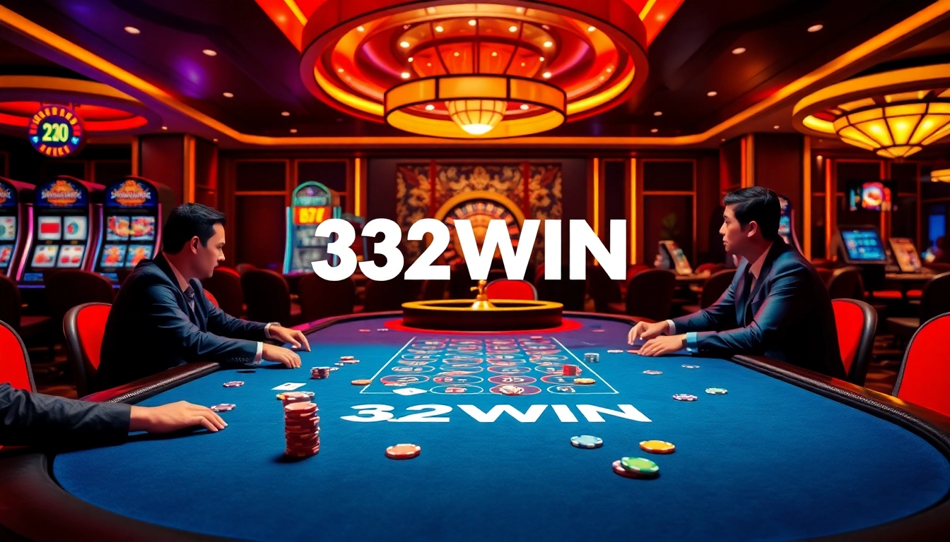 Engaging in a thrilling game at 32WIN's vibrant casino featuring poker tables and slot machines.