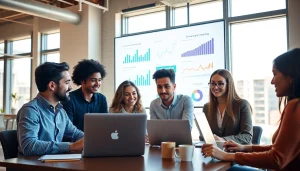 Digital Marketing team analyzing strategies in a modern, collaborative office setting.