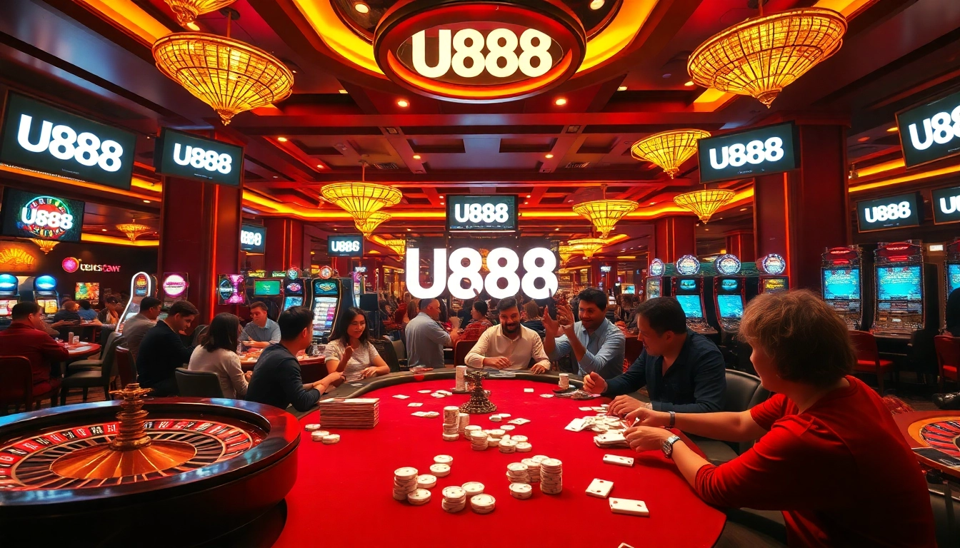 Players celebrating a win at U888 casino tables with vibrant poker chips and cards.