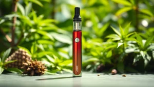 Purchase a stylish vape pen for buy dmt, set against a lush green backdrop highlighting natural ingredients.
