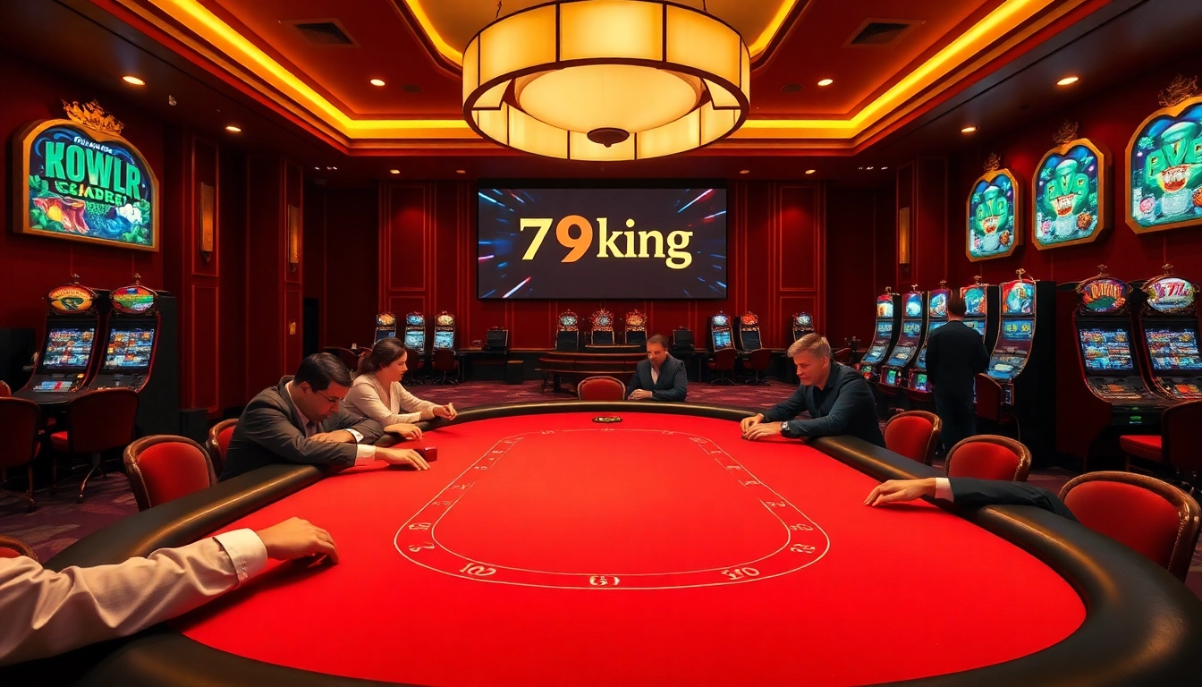 Players engaging in poker at 79king's luxurious casino table, showcasing high stakes and excitement.