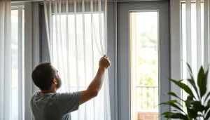 Moskitiery na drzwi balkonowe montowane w nowoczesnym wnętrzu z naturalnym światłem.