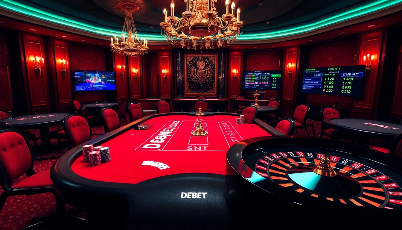 Experience the thrill of gambling with DEBET at an exciting casino table filled with cards and chips.