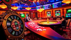 Exciting online gambling experience with casino elements at 23win, featuring vibrant slot machines and poker games.