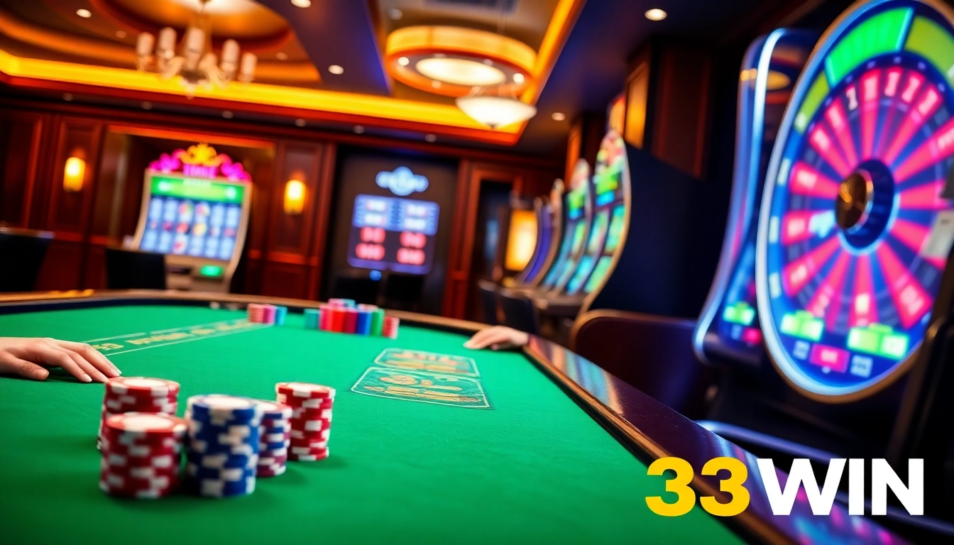 Experience the thrill of 33WIN with vibrant casino gaming tables and exciting slot machines.