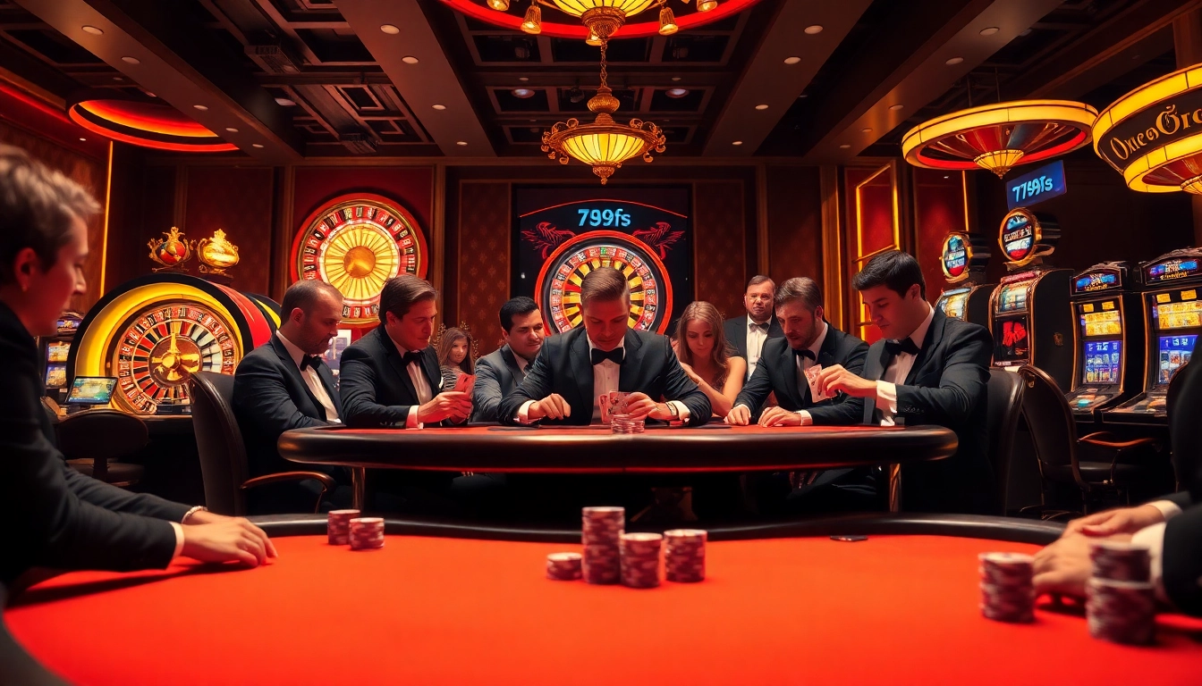 Engaged players at a luxurious poker table representing https://789f.site/ amidst a vibrant casino backdrop.