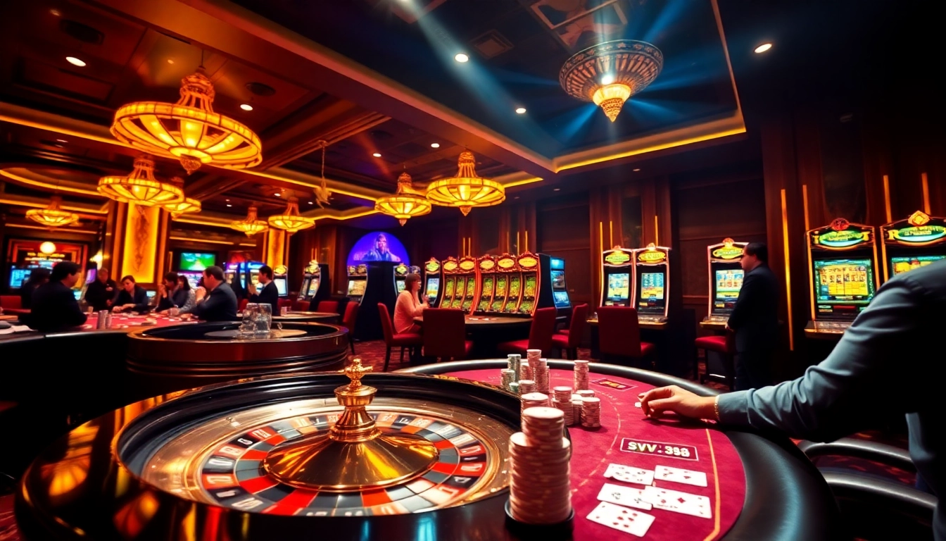 Engaging scene at SV368 casino showing players at roulette and poker tables.