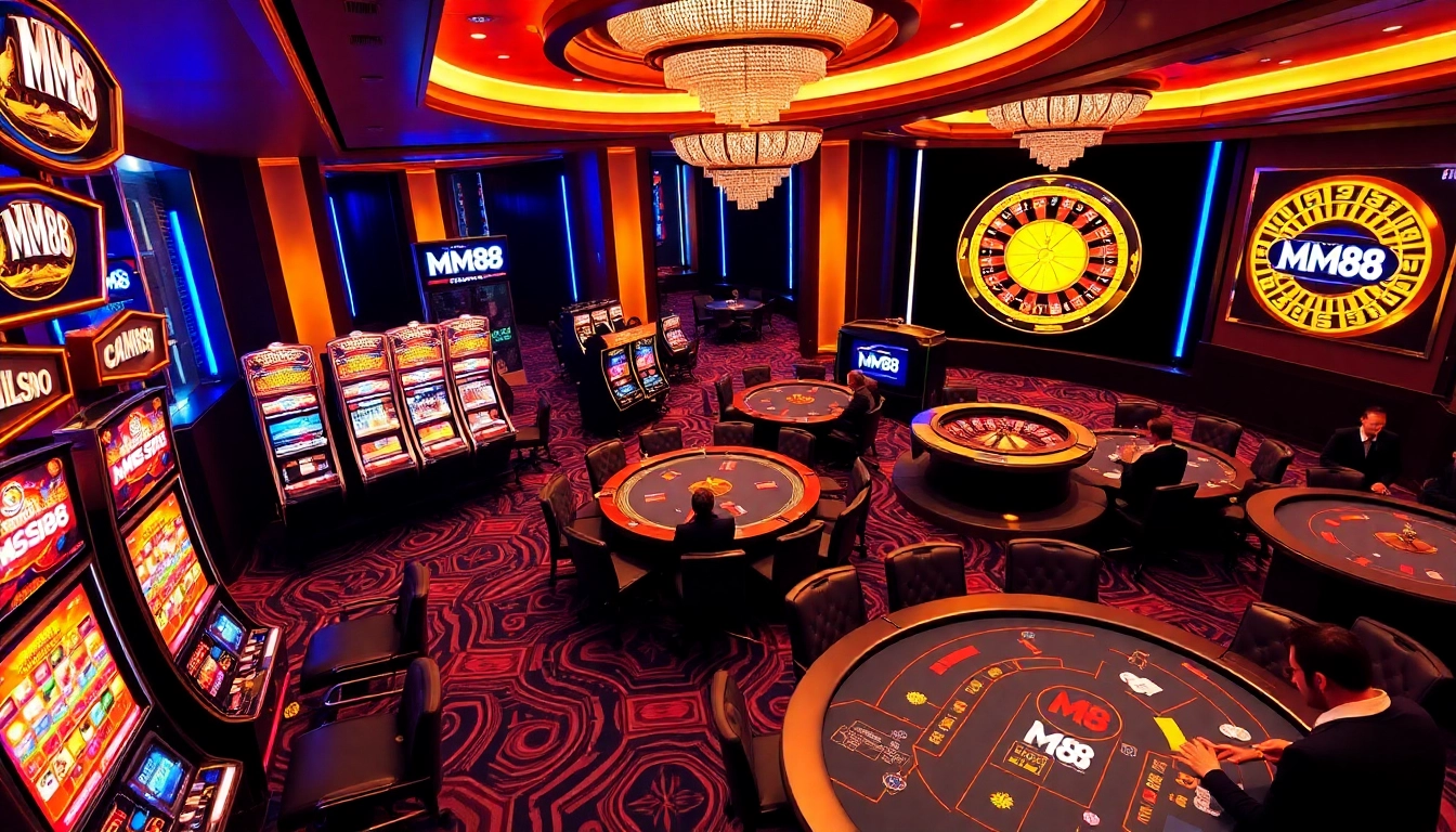 MM88 casino scene with vibrant tables, slot machines, and an energetic atmosphere.