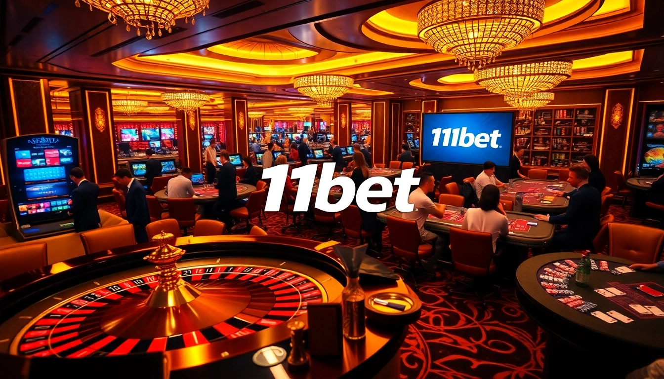 Casino scene featuring 11bet logo with enthusiastic players at roulette and card tables.