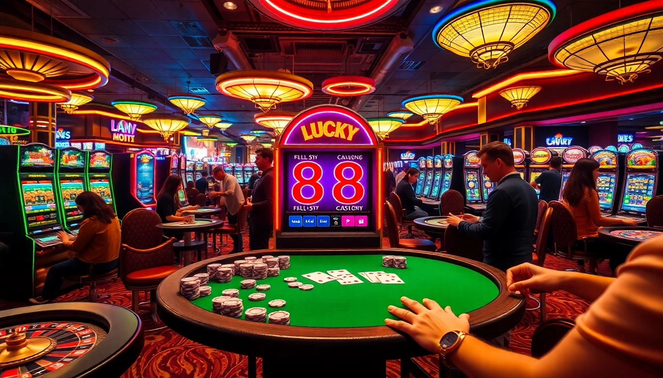 Players enjoying the LUCKY88 slot machine experience in a vibrant casino atmosphere.