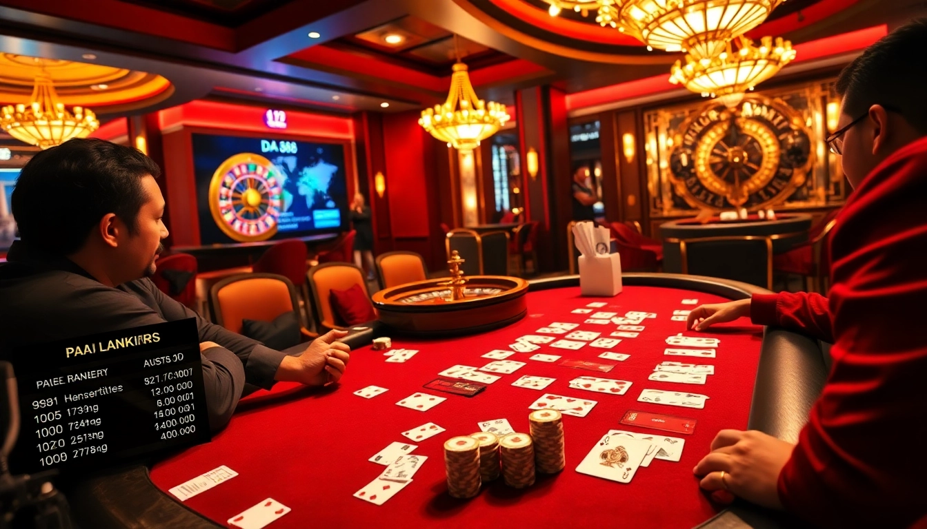 Players using winning strategies with DA88 at an upscale poker table in a vibrant casino.
