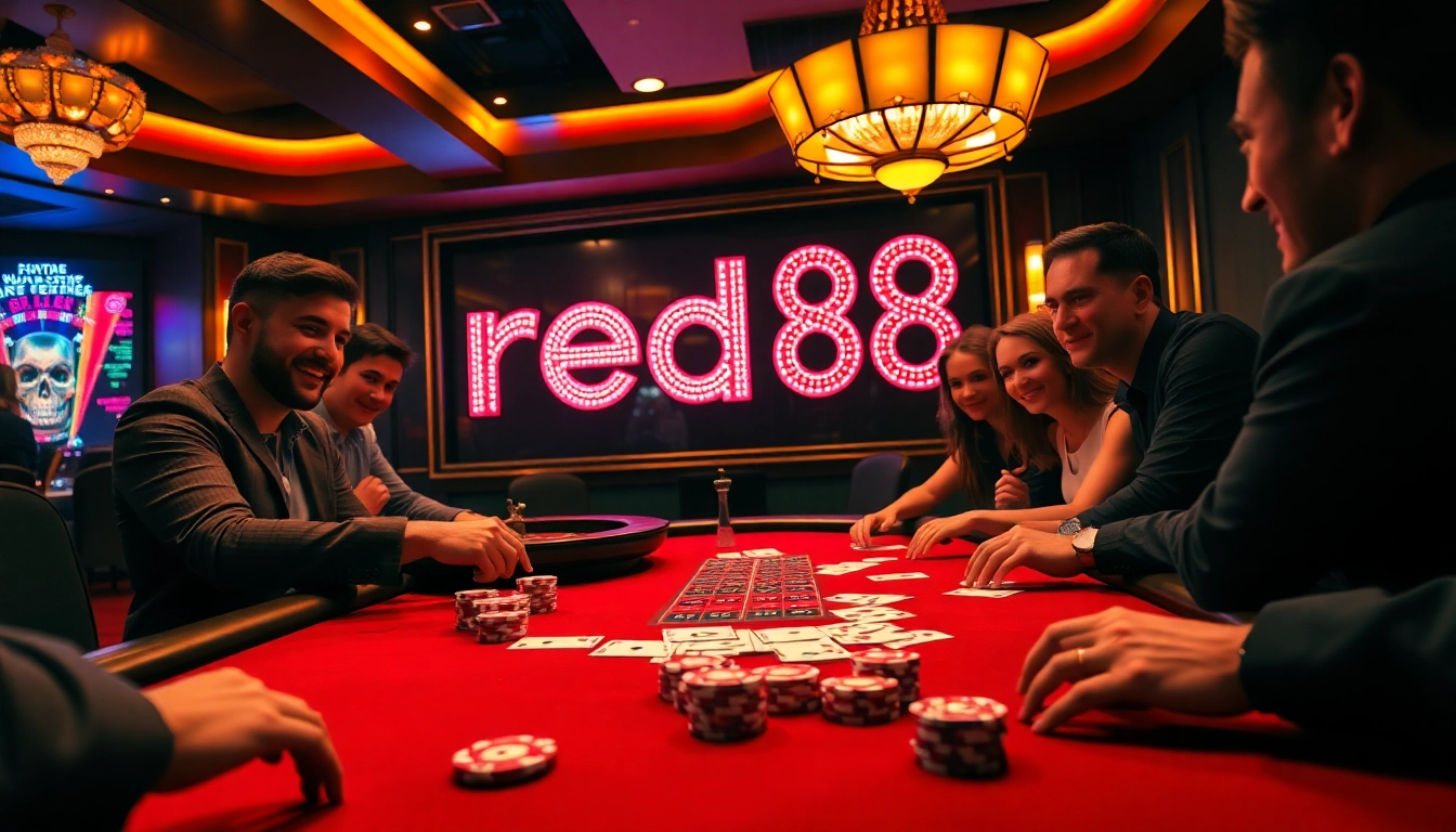 Experience thrilling poker action at red88 casino with vibrant tables and players in excitement.