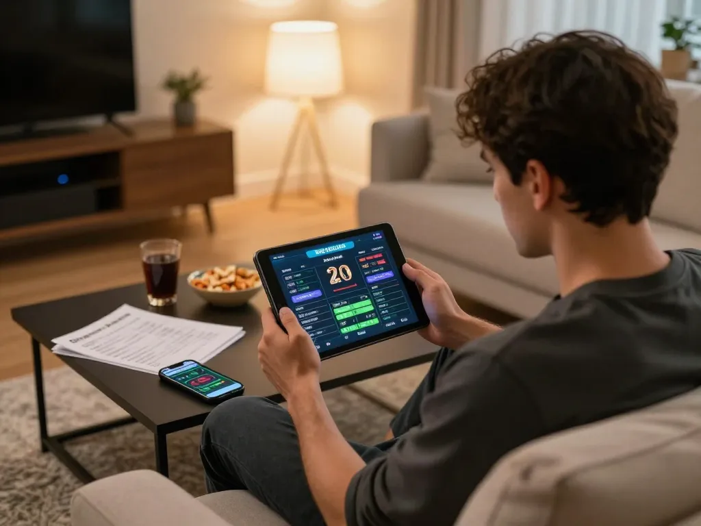 Engaged player analyzing kèo nhà cái betting odds on tablet during home gaming session.