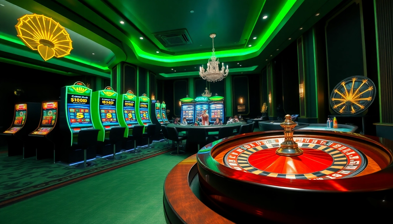Dabet online casino scene with a lively poker table and vibrant slot machines.