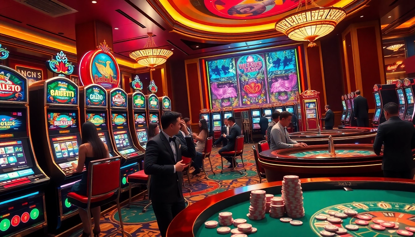 Vibrant casino scene with players enjoying Nổ Hũ 2026 slot machines, showcasing excitement and action.