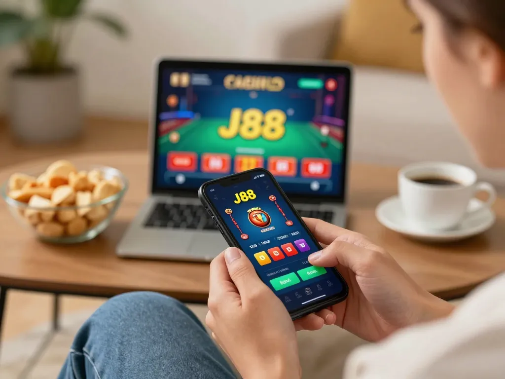 Player enjoying J88 app for online gambling while relaxing at home with snacks and drinks