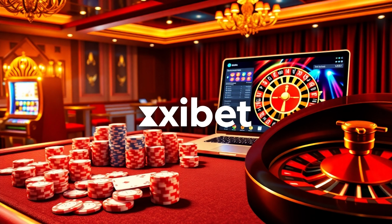 Xibet casino scene featuring an active poker table and spinning roulette wheel.