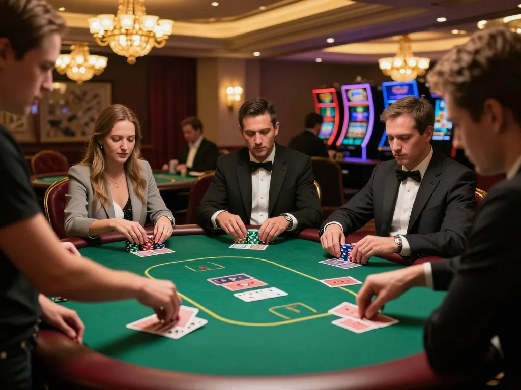 Dabet casino poker scene with players engaged, showcasing high-stakes gameplay and strategic decisions.