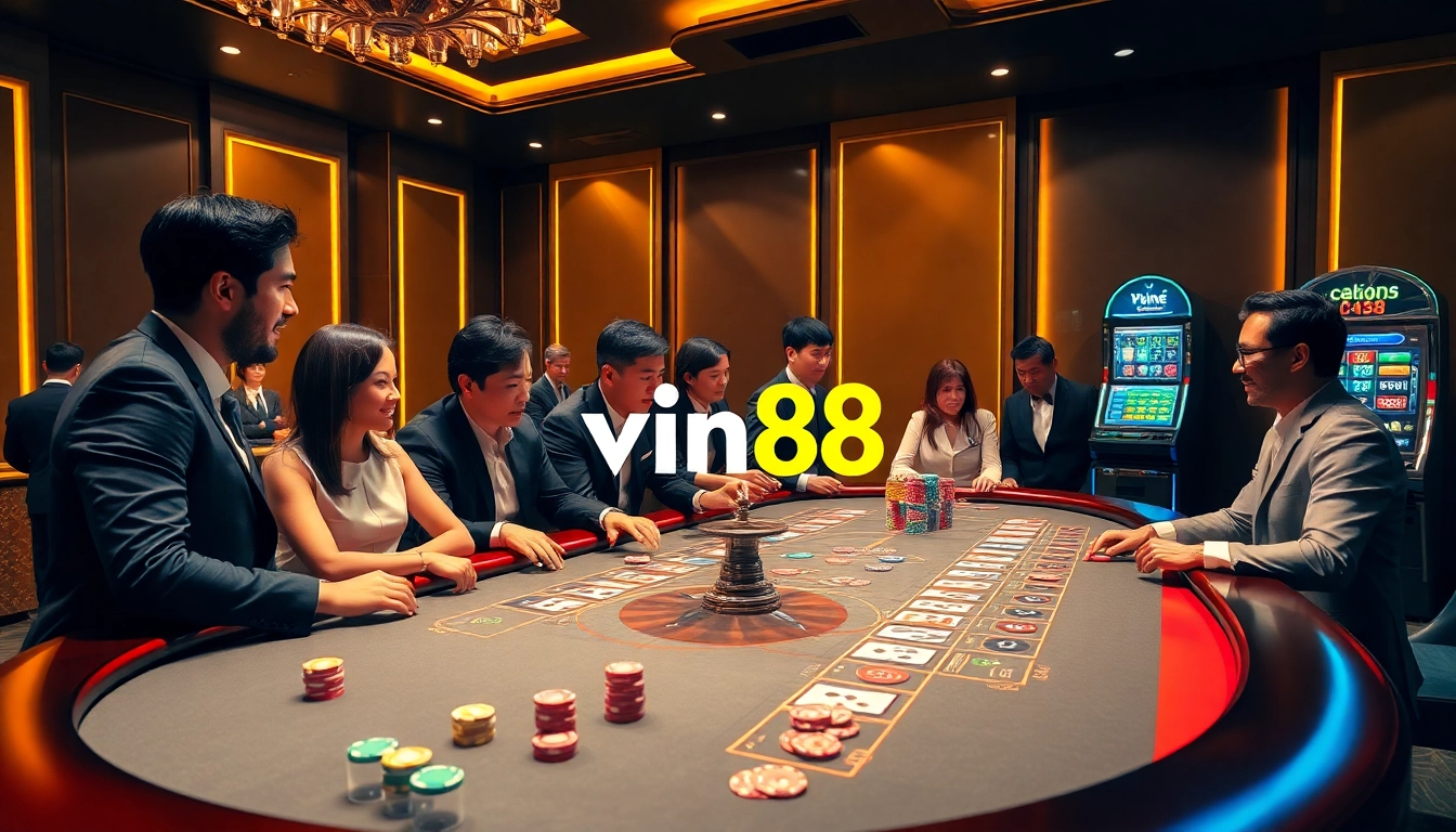 Experience the thrill of vin88 with an enticing casino scene featuring poker chips and cards.
