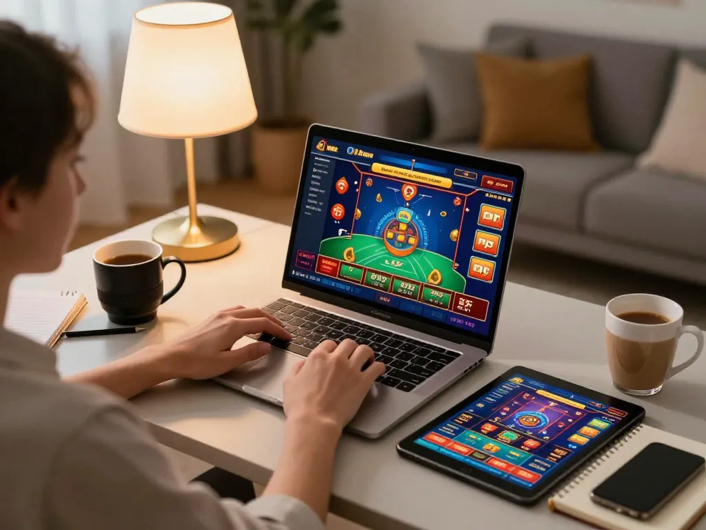 Engaging scene of a player enjoying Okfun online casino games from a cozy home setup.