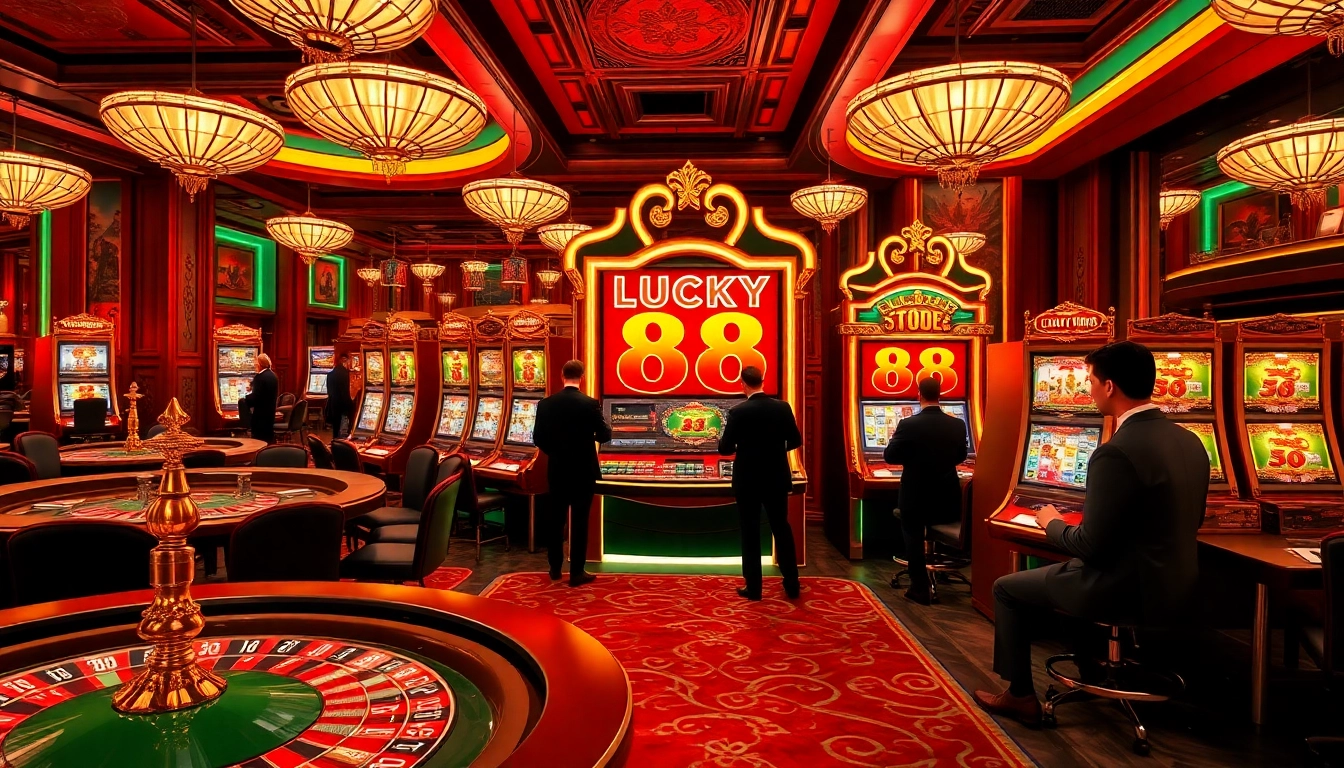 Engaged players winning jackpots on the Lucky 88 slot machine in a luxurious casino setting.