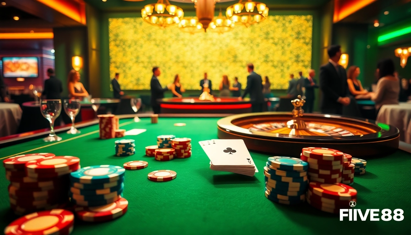 Experience the thrill of FIVE88 at a luxurious poker table surrounded by vibrant casino elements.