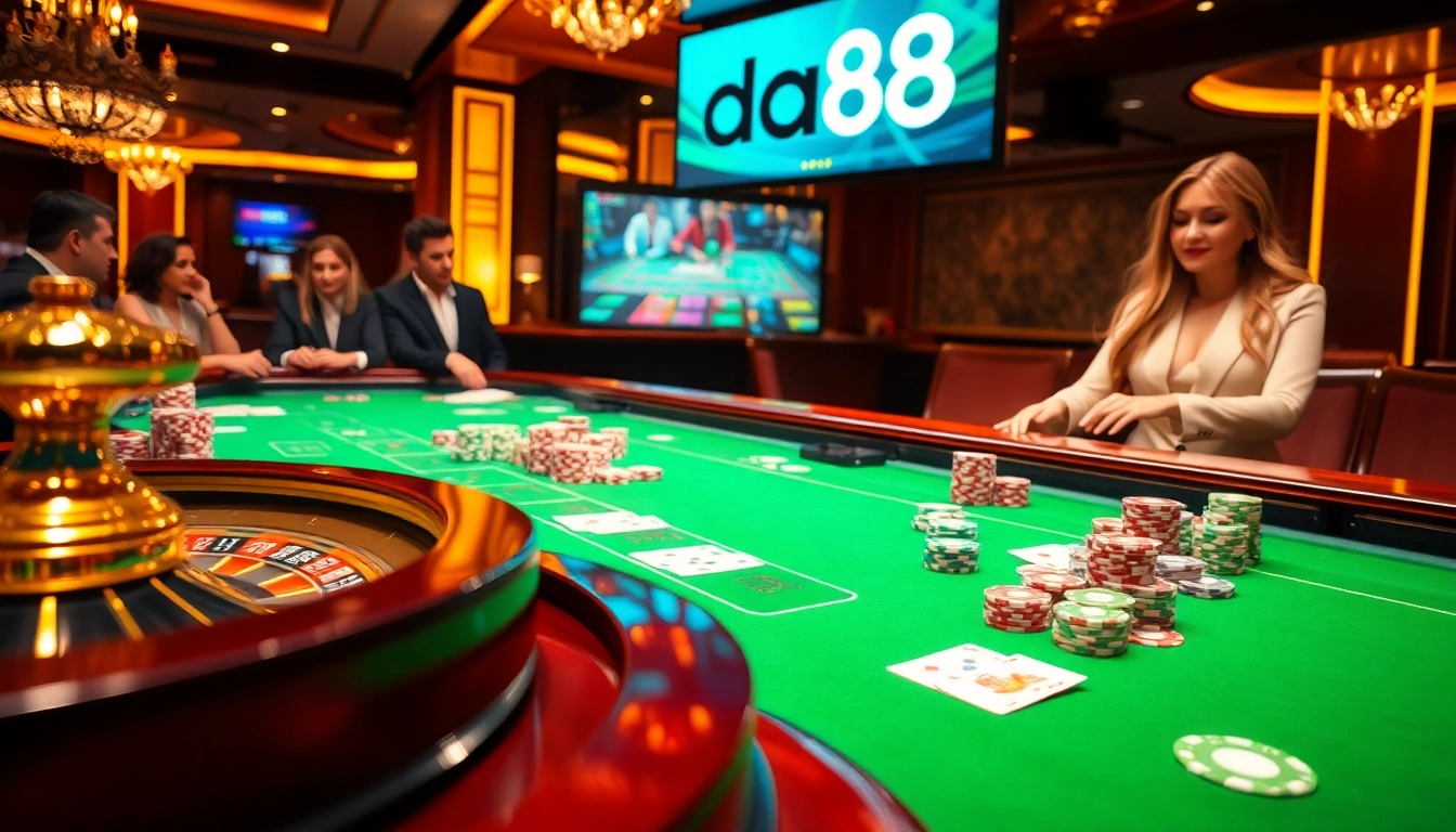 Experience thrilling gameplay at da88 with vibrant casino tables, poker chips, and roulette wheels.
