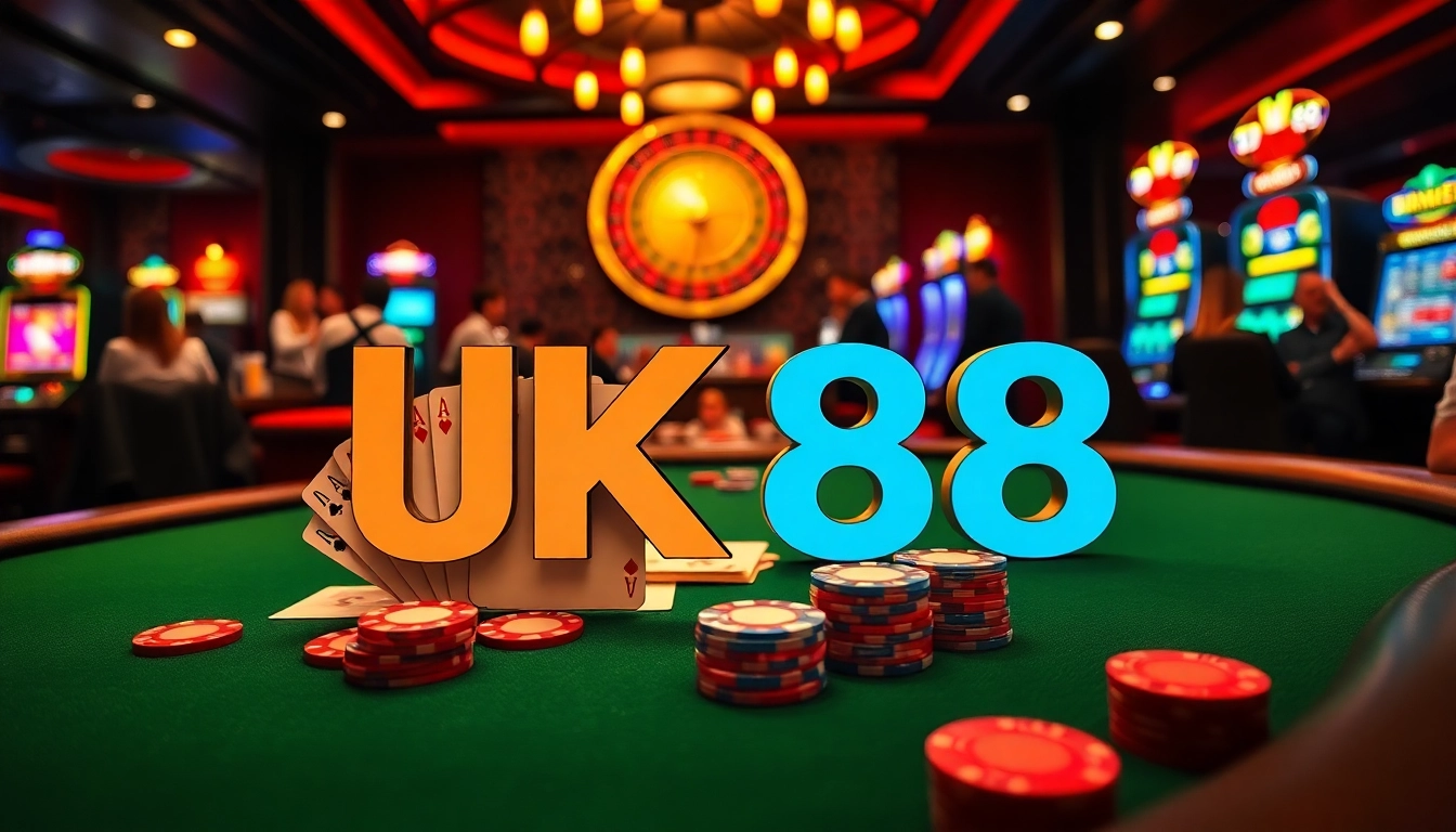 Exciting UK88 casino scene featuring poker, roulette, and vibrant slot machines.