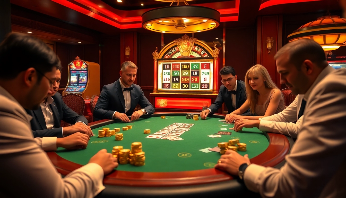 Players engaged at a luxury poker table featuring 6623’s vibrant casino elements.