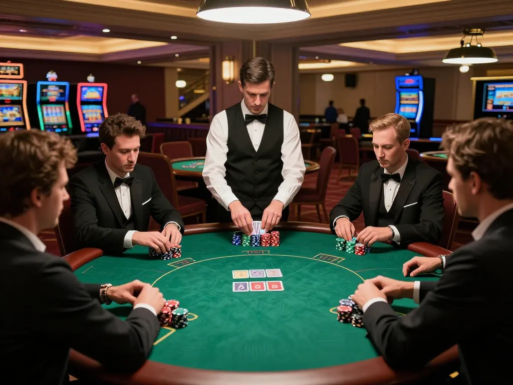 Engaged players at poker table focusing on their cards and chips at https://dabet39.net/ casino night.