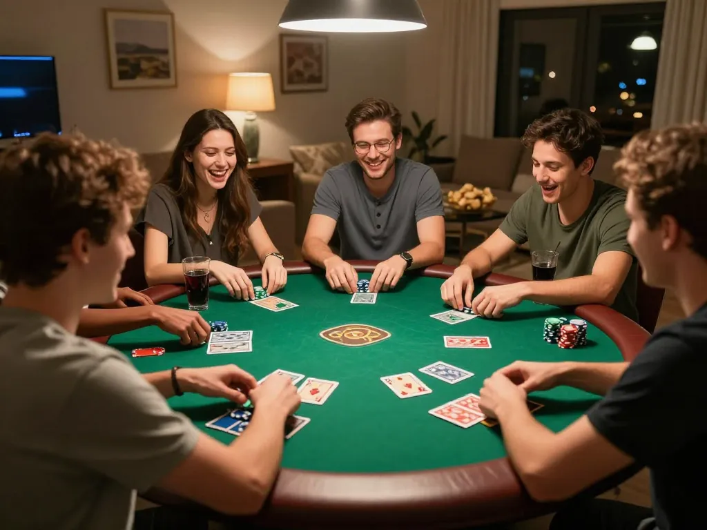 Friends enjoying a thrilling poker game at home, showcasing F168 as a popular gaming choice.