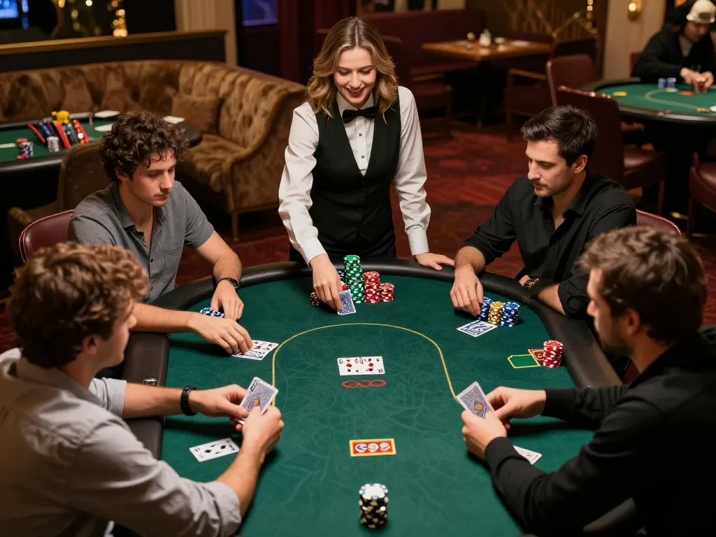 Players engage in a thrilling w188 bet poker game surrounded by vibrant casino atmosphere.