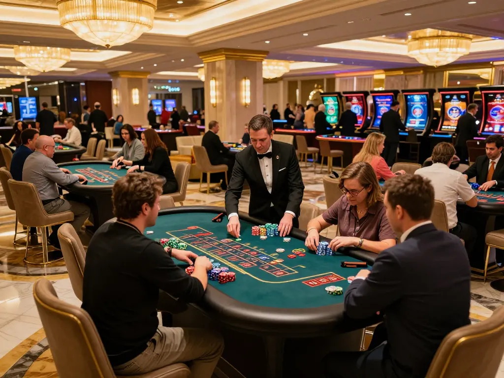 TA88 players engaging in dynamic gameplay at a vibrant casino floor, chips and cards in action