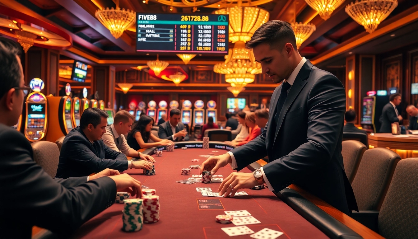 Engaging poker scene featuring players at five88 casino with vibrant chips and cards.