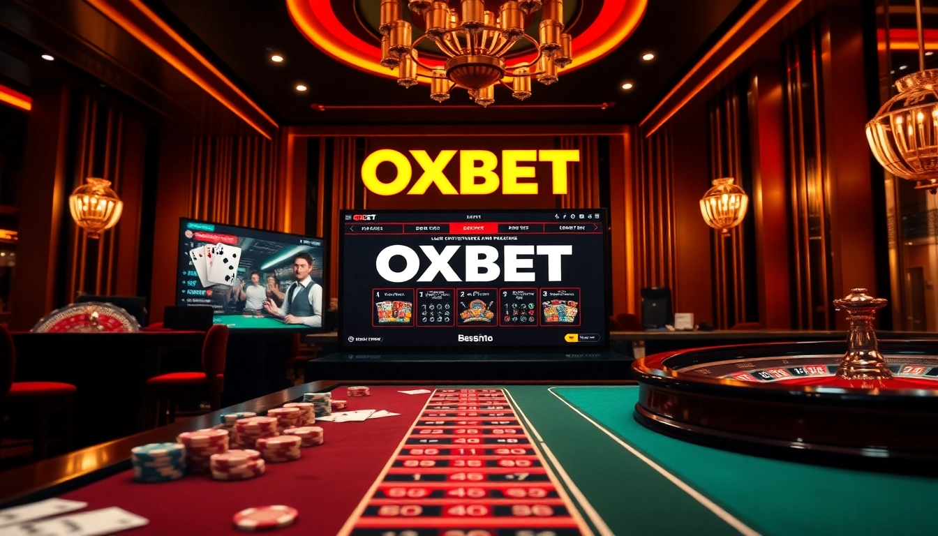 OXBET online gaming experience with poker chips, cards, and casino tables in a luxurious setting.
