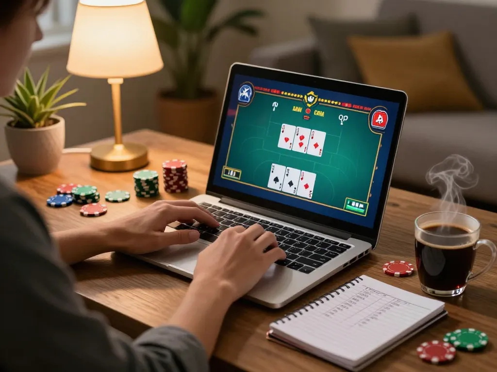 Player enjoying a poker game on laptop, reflecting TX88 strategies in a cozy home environment.