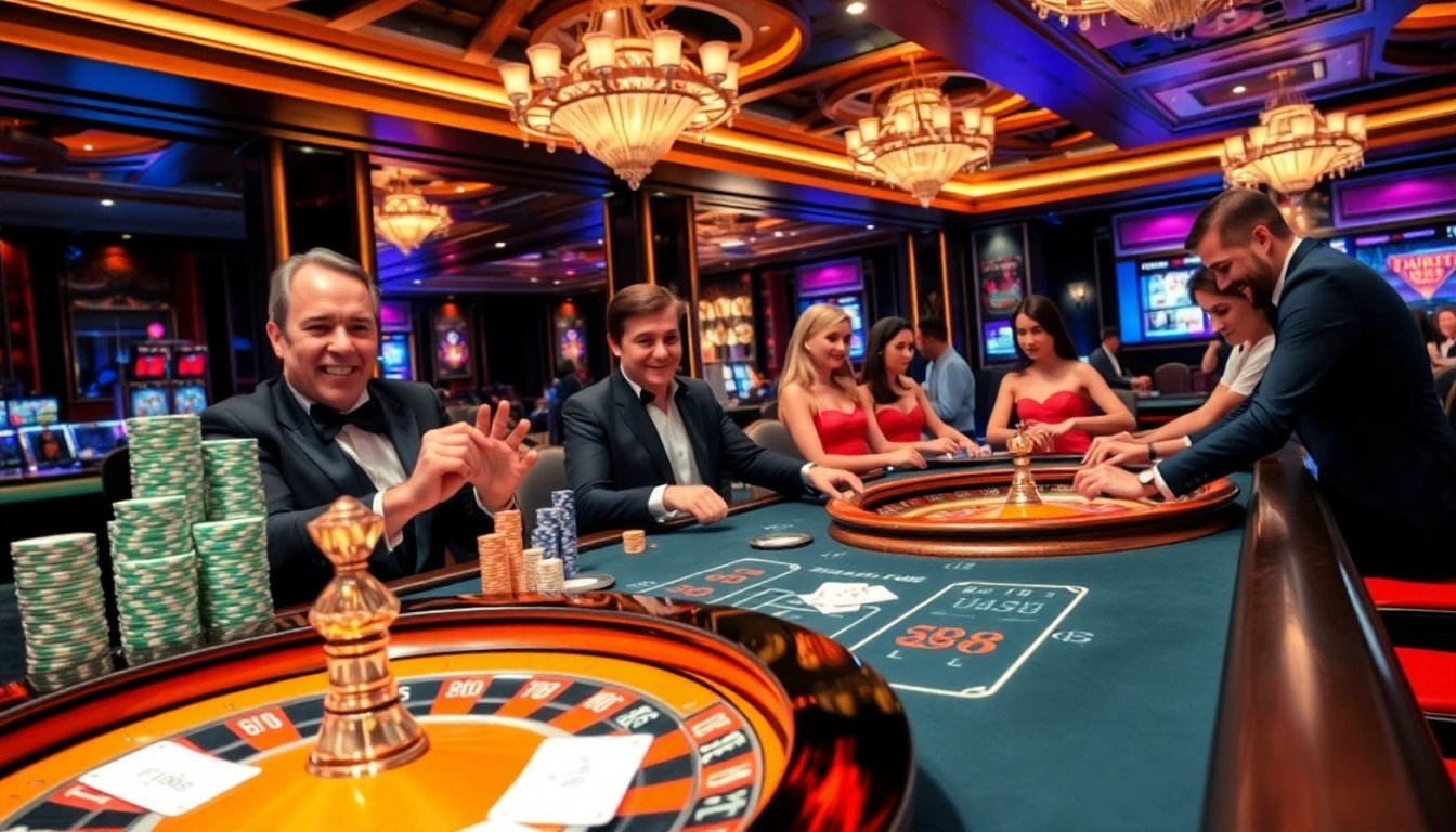 Players enjoy a thrilling game at F168's luxurious casino, surrounded by vibrant poker chips and excitement.