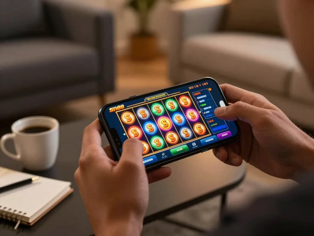 Player engaging with the sin88 app on smartphone to enjoy thrilling slots.