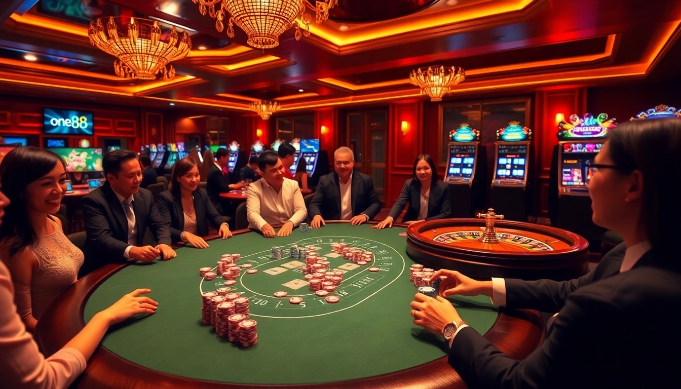 Engaging poker action at a luxurious casino, highlighting excitement around one88 gameplay.
