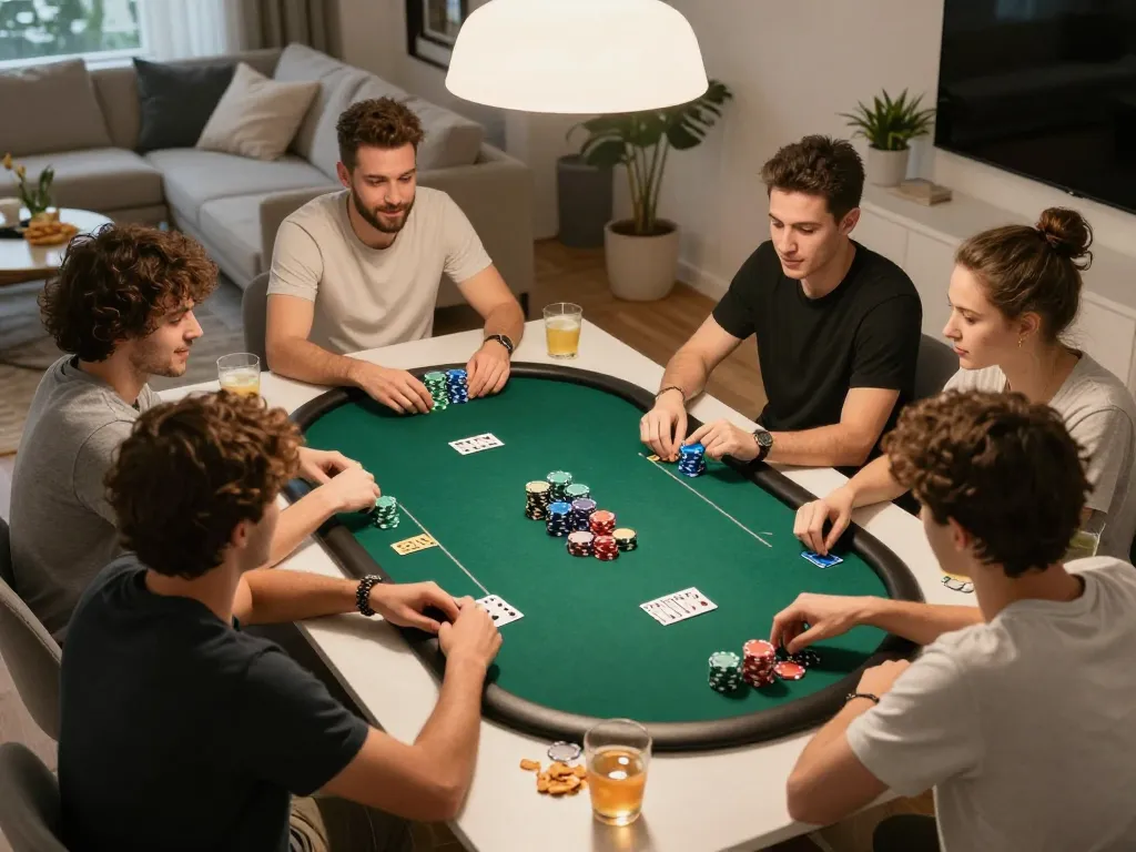 Lu88 players enjoying an exciting poker game with colorful chips and drinks