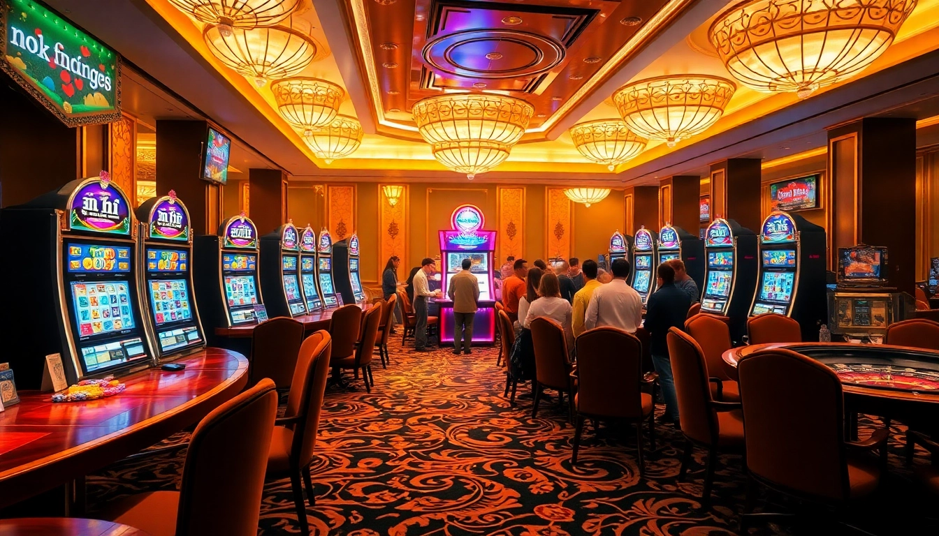 Engaging scene of nổ hũ slot machines in a luxurious casino environment, highlighting excitement and elegance.