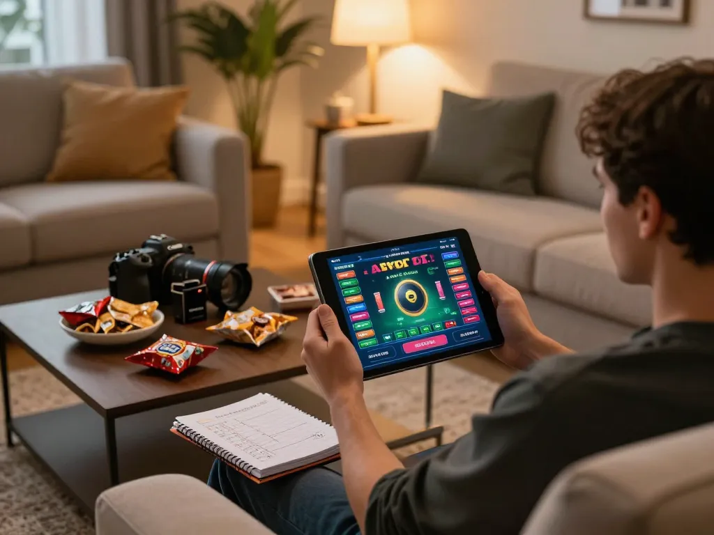 Engaging online gaming session at home with the tablet displaying https://vin88.is/ betting interface, cozy atmosphere and strategic betting in progress.