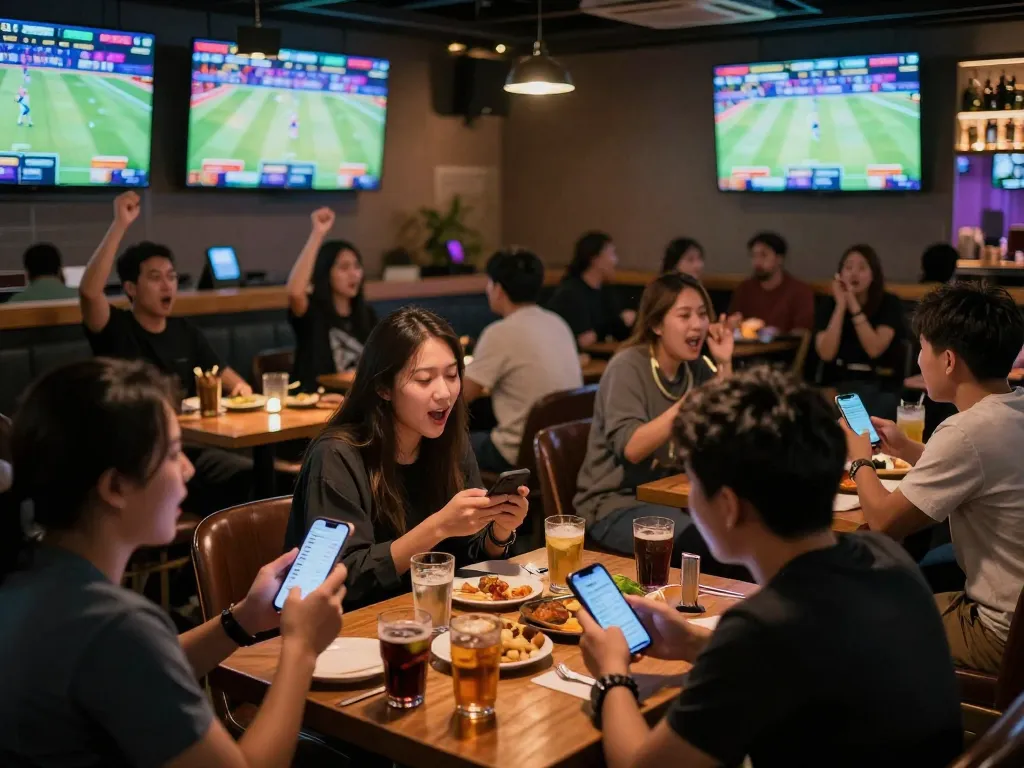 Fans engaging with kèo nhà cái while watching live sports in a vibrant bar atmosphere
