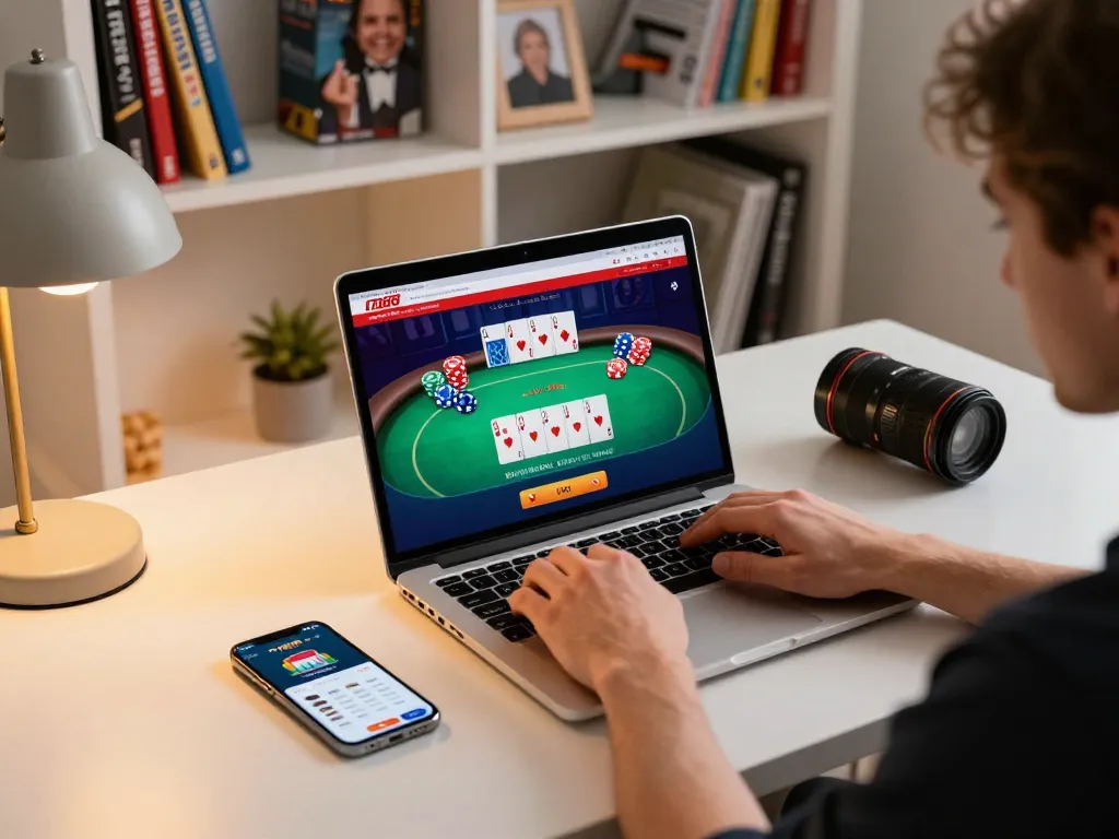 Engaged player exploring TA88 online gaming platform on a laptop, vibrant poker game visible on screen.