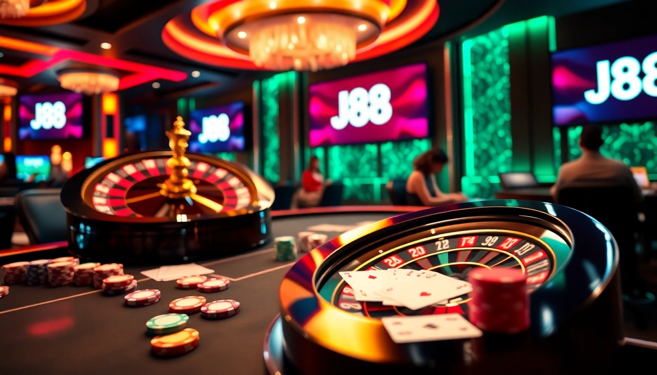 Exciting gambling action at the J88 casino with roulette and poker chips.