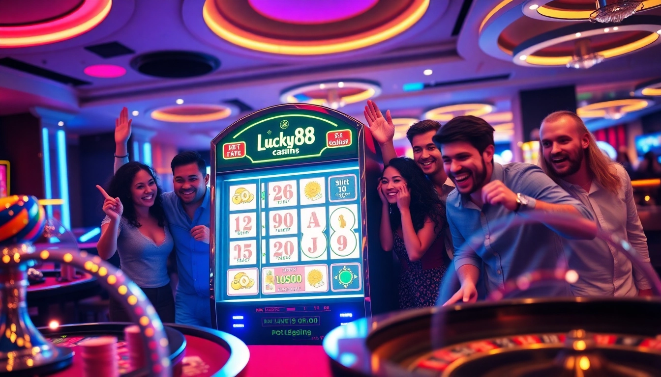 Engaged players experiencing excitement at the Lucky88 slot machine in a vibrant casino setting.