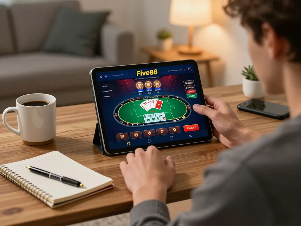 Engaged player using Five88 online casino app on tablet, surrounded by strategic notes.