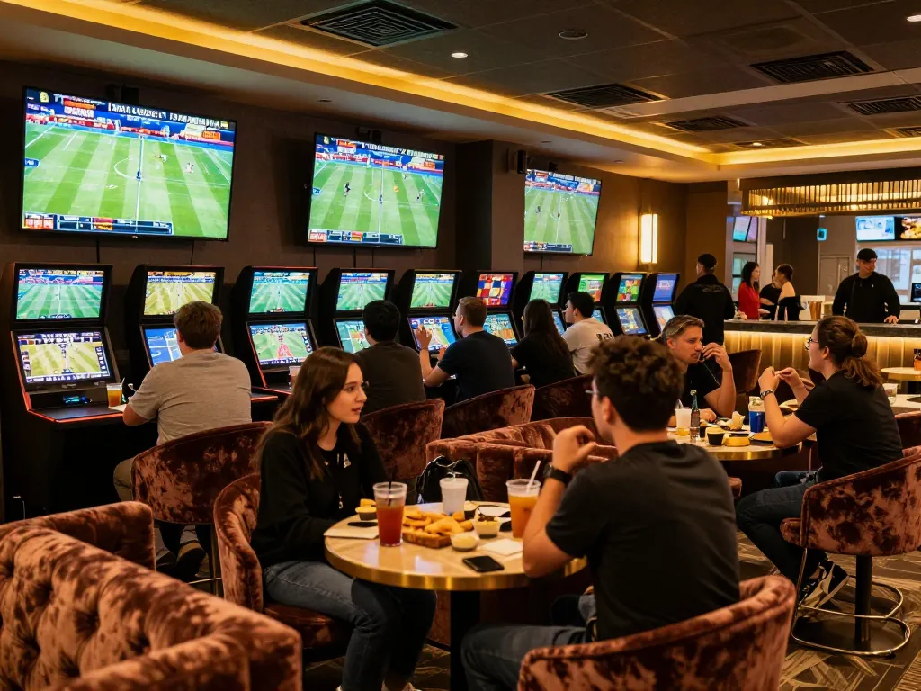 Fans engaging with DEBET sports betting while analyzing live game statistics in a vibrant lounge