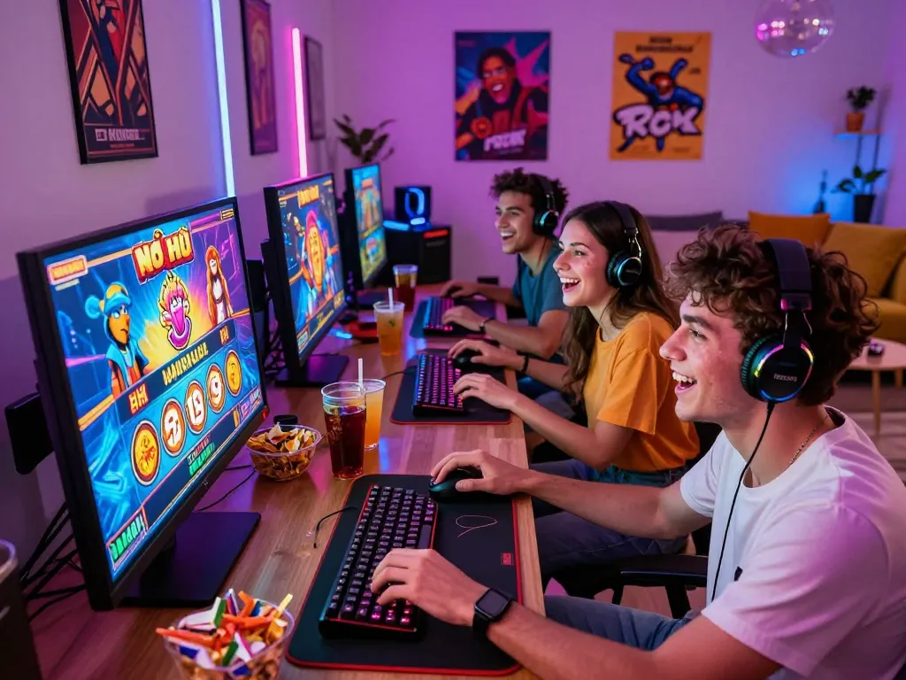 Nổ Hũ online gaming scene with friends enjoying vibrant slots and snacks in a lively atmosphere.